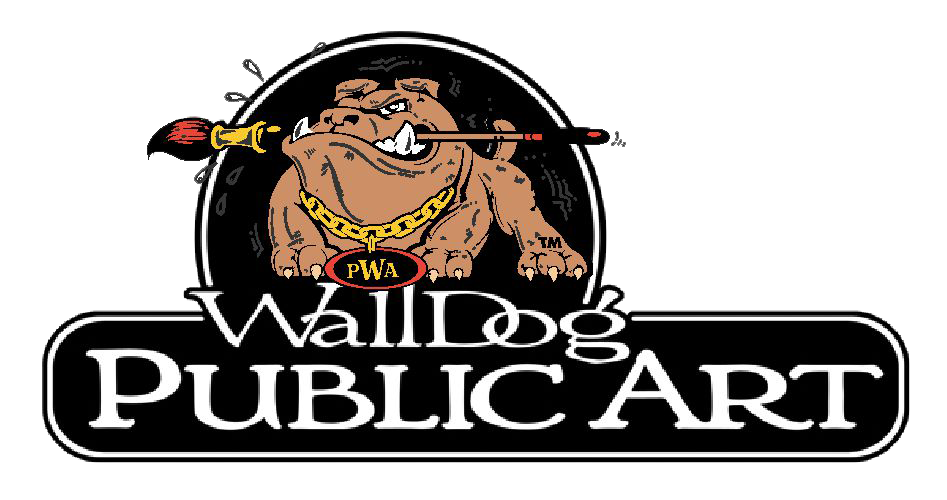 Walldog Public Art logo with dog holding paintbrush