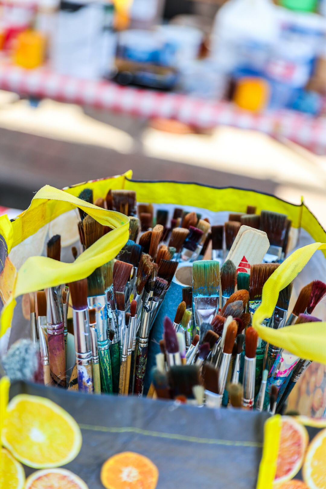 Close up of a bag of paint brushes