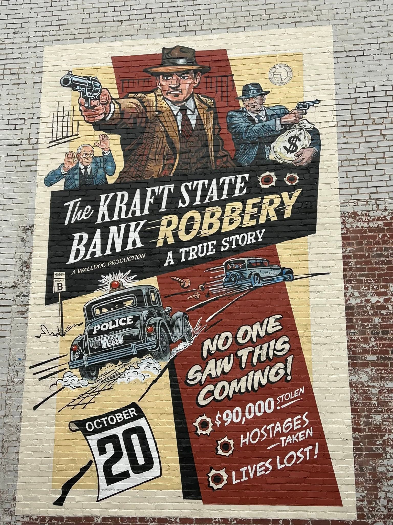 The Kraft State Bank Robbery mural complete