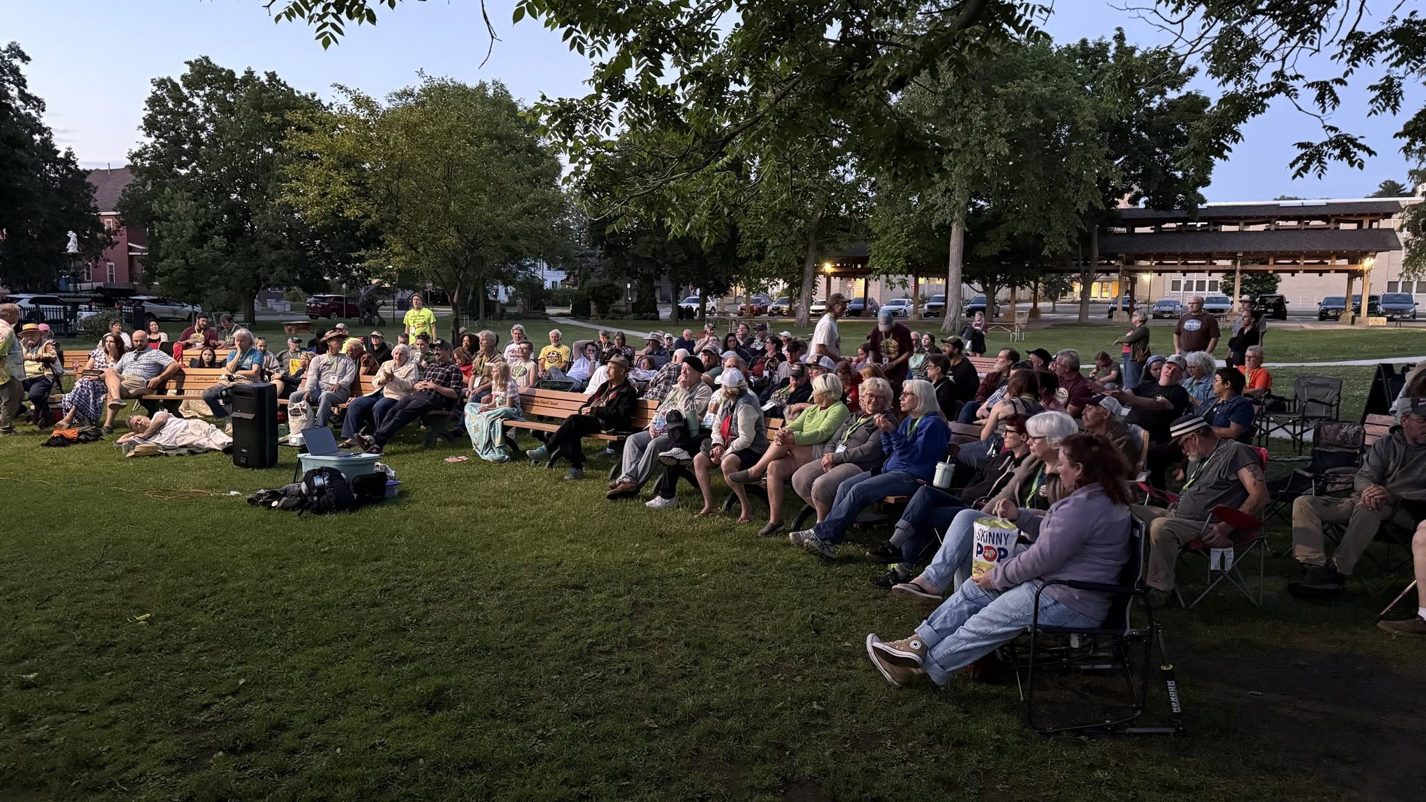 Large group of people sitting in a park watching an event