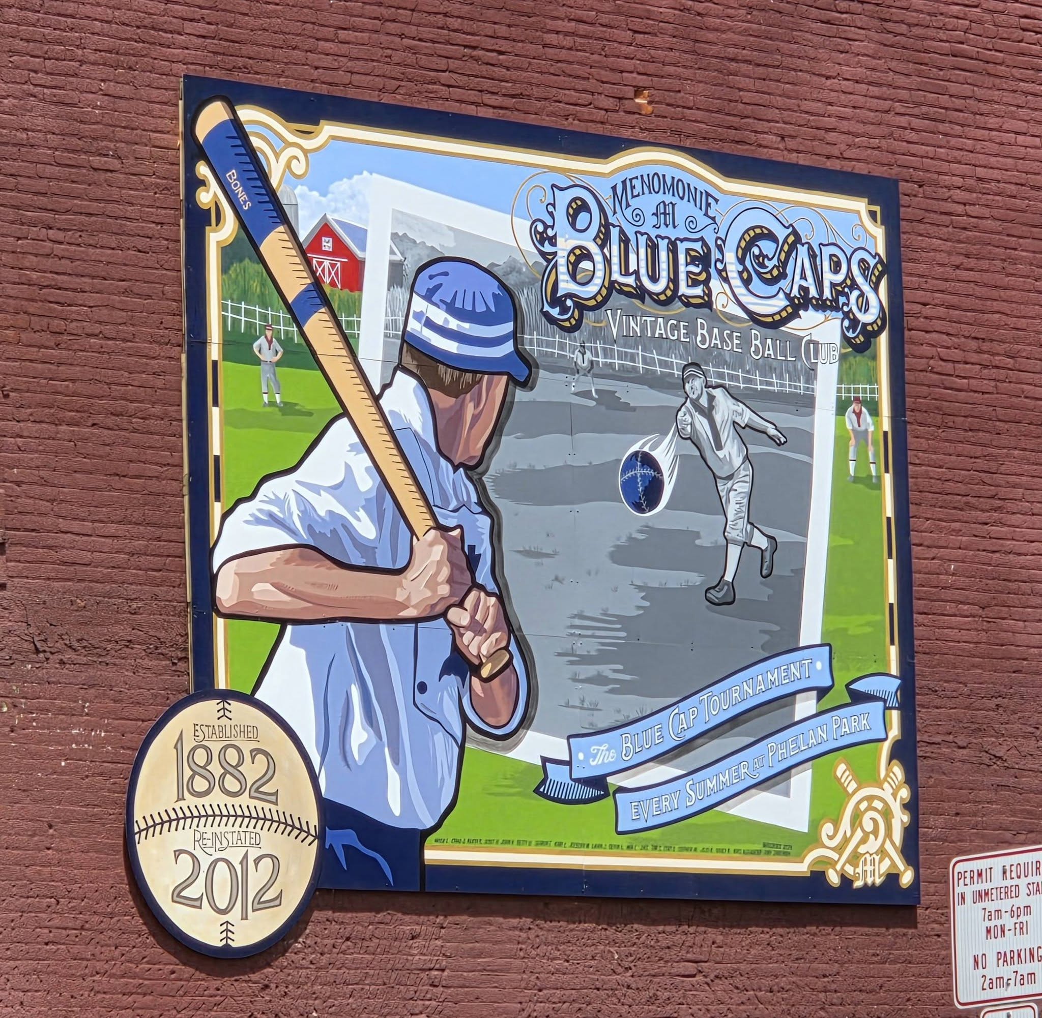 Menomonie Blue Caps Vintage Baseball Club Bural with baseball players
